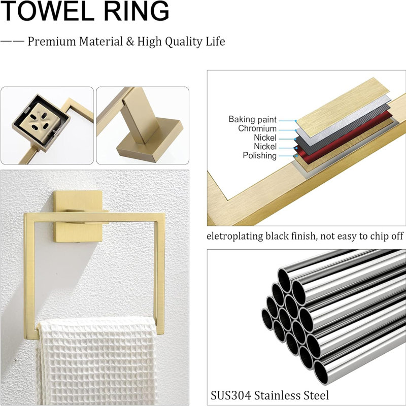 Bath Hardware Set 2-Piece Towel Bar, Towel Ring Wall Mounted Bathroom Accessories Set In Brushed Gold, Brushed Gold