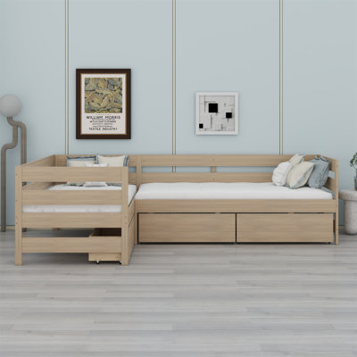 Lit plateforme en L avec trois tiroirs de rangement
