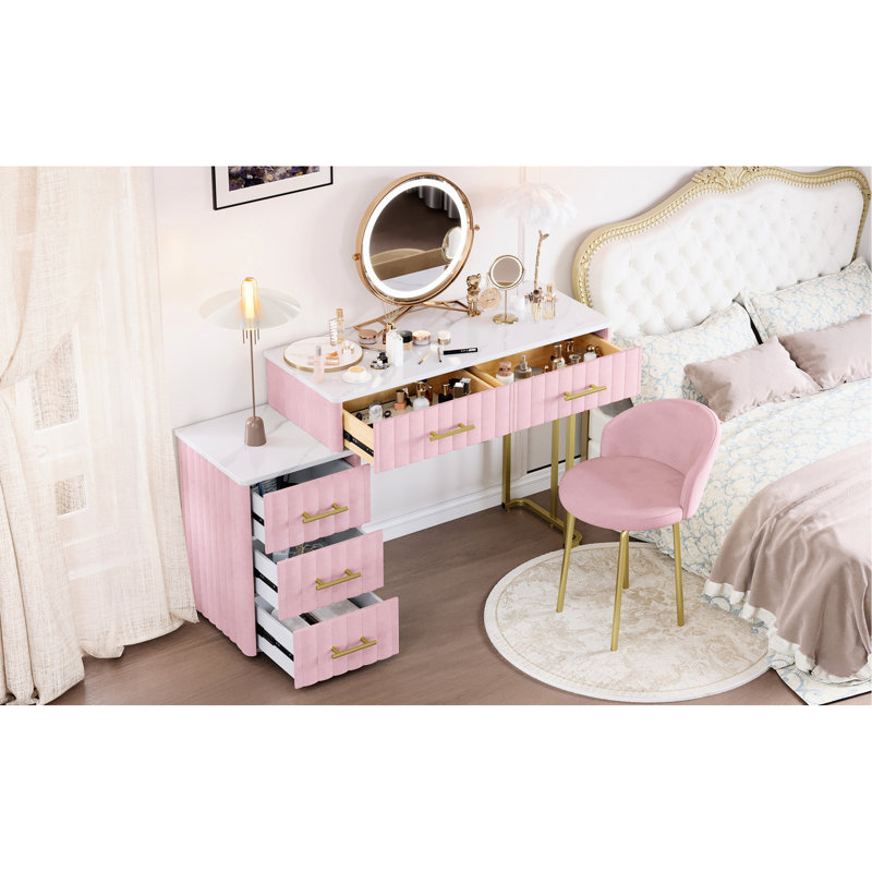 Pink Dressing Desk With Velvet Upholstery, 5 Spacious Drawers, Marble-Like Tabletop, Padded Chair, Gold Metal Accents And Installation Upholstered Vanity Sticker Top, Support, Left/Right Adjustable In
