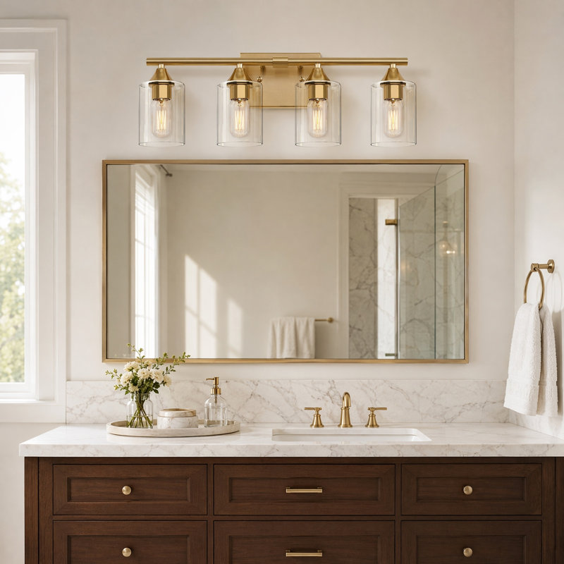 Éclairage de salle de bain léger, métal doré brossé et verre, style ferme moderne