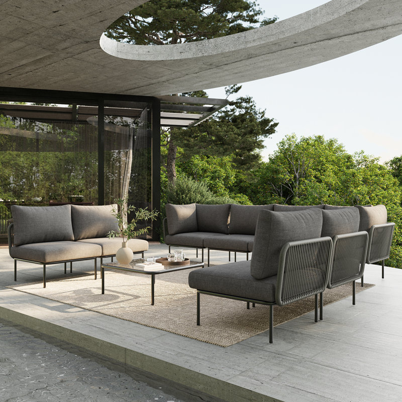 Ebern Designs 9 Pieces Aluminum Patio Furniture Set, Modern Modular Sectional Sofa with Coffee Table and Upgrade Thickness Cushion