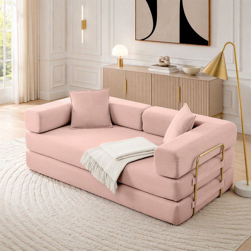 Canapé-lit modulaire en velours côtelé avec accoudoirs mobiles et sans assemblage, Pink Corduroy, Pink
