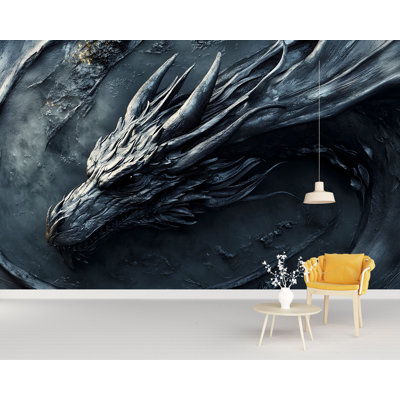 Papier peint dragon noir foncé avec aspect métallique texturé, art mural 3D de créature fantastique pour chambres à coucher modernes, salles de jeux ou décorations intérieures dramatiques