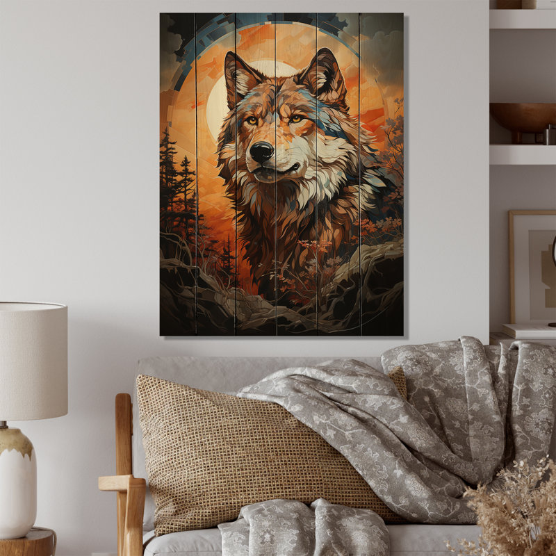 Loup amérindien orange brun sur bois, H 32 po x l 24 po x P 0,78 po