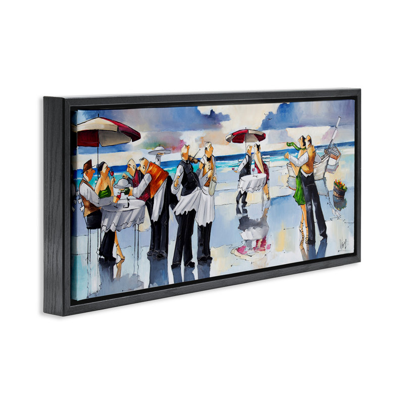 "Fancy Dinner on Beach", art mural sur toile flottante par Ronald West, Cadre flottant noir de jais, H 11 po x l 25 po