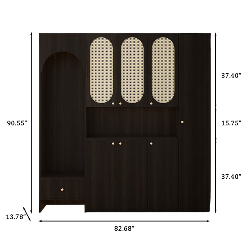 Armoire d'entrée en rotin 90,55 po H, portemanteau multifonctionnel et armoire à chaussures de grande capacité