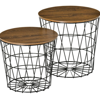 2 In 1 Nesting Tables With Storage, Round Side For Bedroom, Black/Brown, Detachable Tray, Strong And Compact Design Of 2, Living Room Decor, Functional