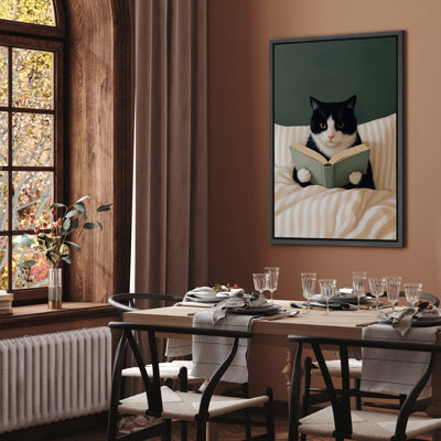 Chat lisant un livre, art mural sur toile - Décor animal fantaisiste pour chambre d'enfant ou bibliothèque
