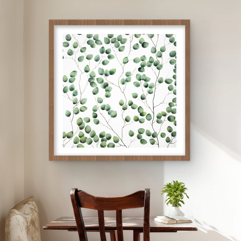 «Climbing Leaves - White Floral Botanical», reproduction d'art encadrée, H 24 po x l 24 po, Brun