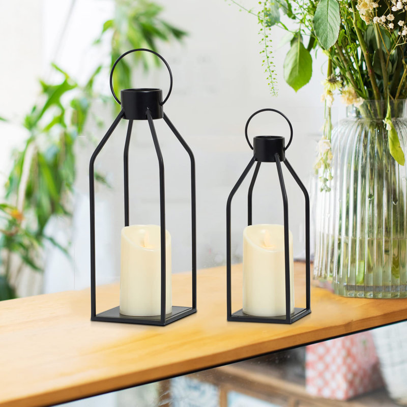 Modern Farmhouse Lantern Decor- Black Metal Candle Lanterns For Christmas- Lanterns Decorative W/Timer Flickering Candles For Living Room,Home,Indoor, Outdoor,Table,Fireplace Mantle Décor