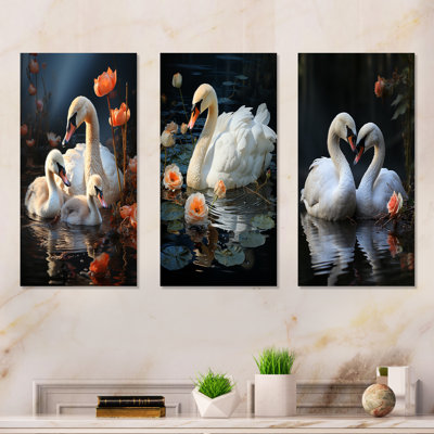 Peaceful Swans Family - Ensemble de 3 impressions sur métal Swans