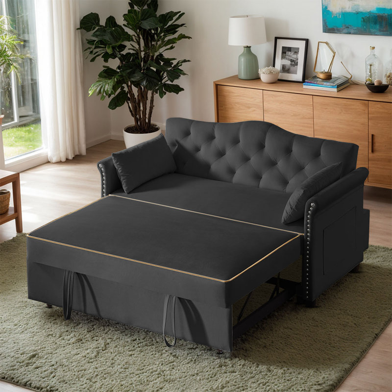 57.5'' Upholstered Velvet Sleeper Sofa Bed, Black