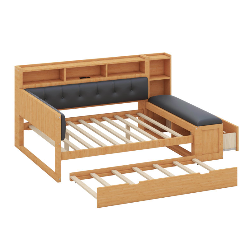 Full Size Daybed With Trundle & Storage, Wood L-Shaped Daybed Corner Bed With Upholstered Headboard, Bench, 2 Drawers, Bookcase