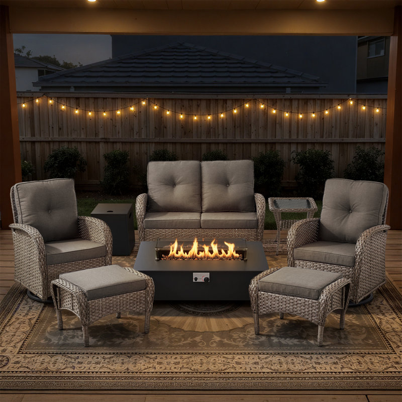 Esquer 7-Pieces Wicker Outdoor Loveseat Conversation Set For 6 Person With 2 Rocking And Swivel Chairs & Fire Pit Table, Gray