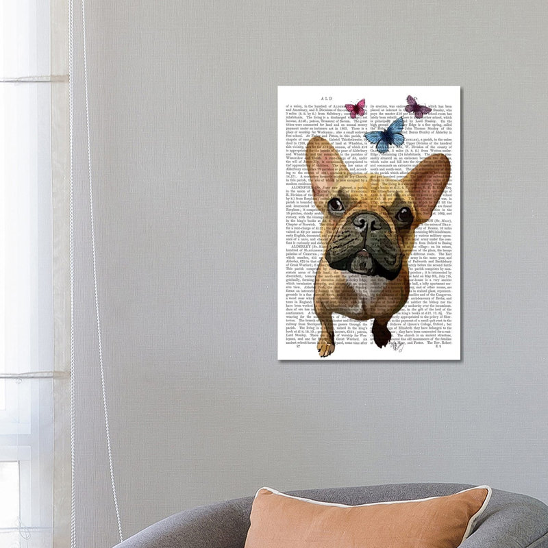 Brown French Bulldog & Butterflies 1 Piece Wrapped Canvas Wall Art, 66.04 cm H x 45.72 cm W x 3.175 cm D