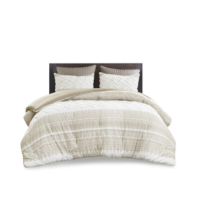 King/ King 3 Piece Comforter . Cotton With Chenille Tufting. Taupe Print. Solid Reverse. . Includes 2 Shams. . Washable King. Tuft. Print Taupe. Filling. And