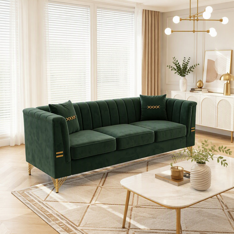 Canapé de style Chesterfield moderne en velours 3 places avec capitonnage vertical et mousse haute densité, idéal pour le confort et l'élégance des salons