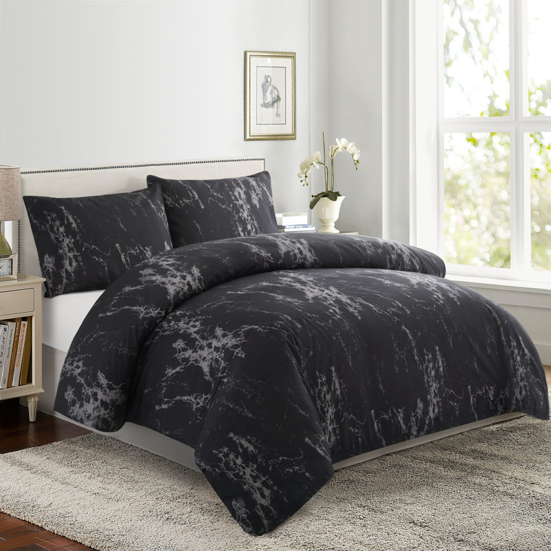 Marina Decoration Home Bedding Bedroom essentials Cooling Soft Silky Zipper All Season 3 Pieces Rayon from Bamboo Printed Duvet Cover Set with 2 Pillowcases, Modern Black Marble Pattern Queen Size