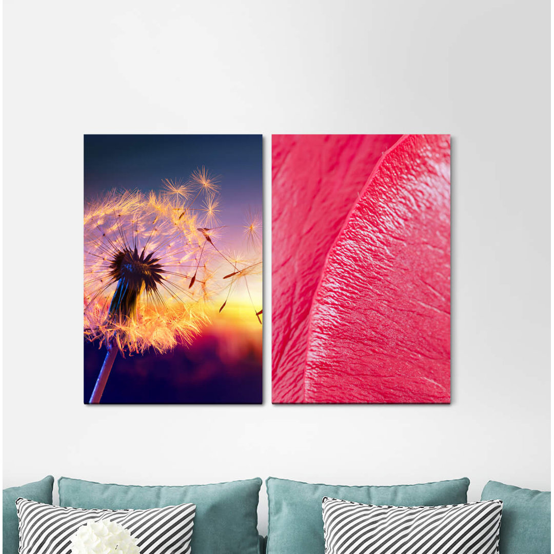 2-tlg. Leinwandbilder-Set - Fotografie „Blowball Blossom Summer Sunset Evening Red Heat Juice”