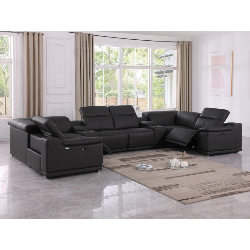 Ismeta 8 Piece 2 Power Recliner Top Grain Italian Leather Sectional, Black Genuine Leather