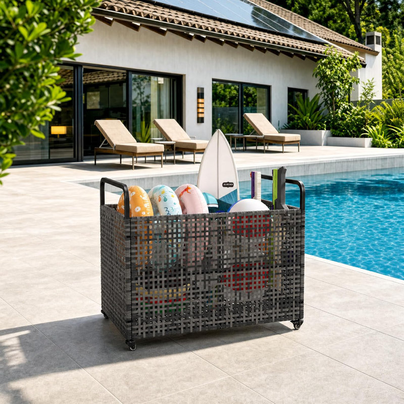 Pool Float Storage Organizer with Wheels & handrail, Large Outdoor Mesh Rolling Cart for Pool Noodles, Toys, Floats, Equipment, Heavy-Duty Pool Storage Bin with Locking Casters