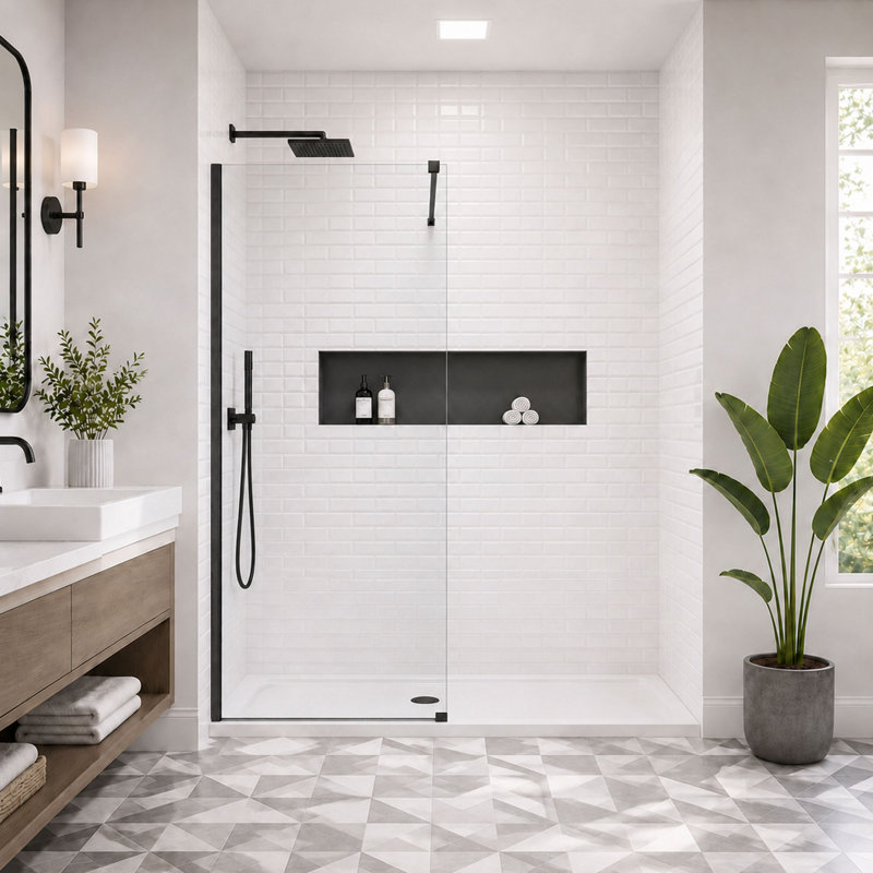 Cascada 36" W x 76" H Frameless Single Panel Shower Door, 3/8" 10mm Tempered Glass, Matte Black, Wall-Fixed Edition