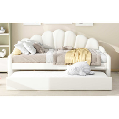 Lit de jour double avec couchette en velours blanc - Revêtement en velours, pieds en pin massif, lit fonctionnel pour la maison revêtu de tissu d'ameublement, tissu doux, structure, mobilier de salon polyvalent