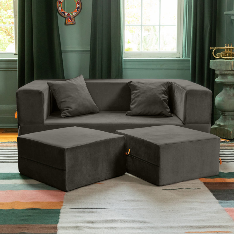 Causeuse-lit et pouf convertible Shontae Zipline, Gris anthracite