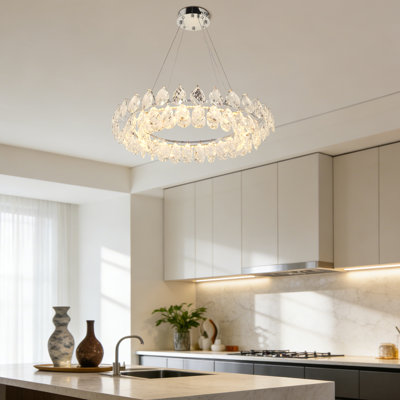 Modern Ring Led Crystal Chandelier, With 3-Color Adjustable Light , Chrome Finish Hanging Light Fixture