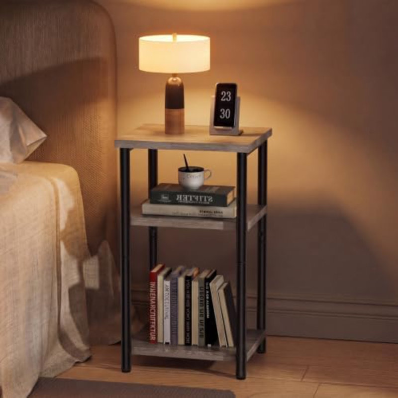 Ensemble de 2 tables d'appoint, petites tables de chevet pour petits espaces | Étagères de rangement ouvertes à 3 niveaux avec structure métallique, style industriel, chambre, brun rustique