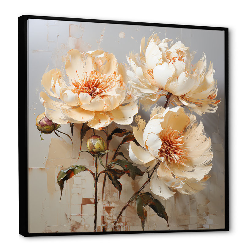 Décoration murale pivoines douces - pivoines, Cadre flottant noir, H 16 po x l 16 po x P 1 po