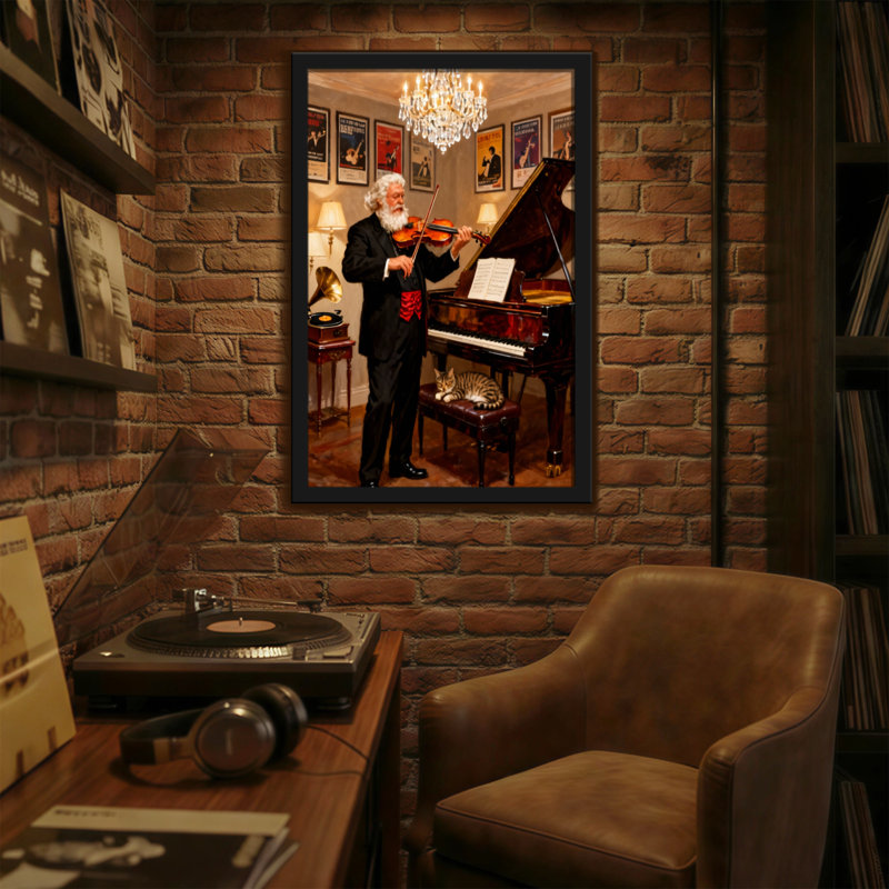 Noël, homme âgé jouant du violon près du piano, H 18 po x l 12 po