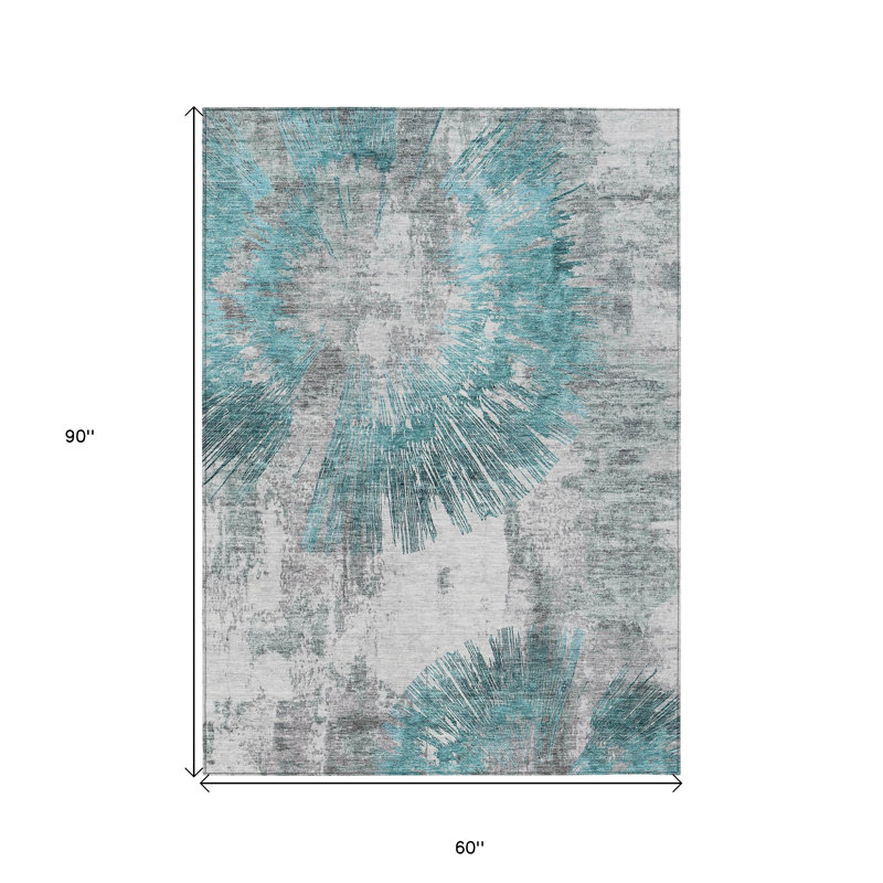 Tapis extérieur lavable abstrait bleu sarcelle 5 pi x 8 pi bleu turquoise et gris