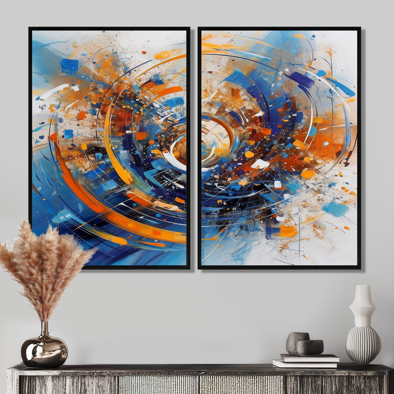 «Blue and Orange Space» - Art mural sur toile traditionnel orange 2 panneaux, Impression encadrée flottante, Noir