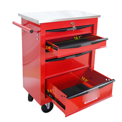 Chariot à outils d'atelier rouge et noir à 5 tiroirs avec toit en acier inoxydable, roues universelles verrouillables, capacité de chargement de 15 kg - glissière à roulement pour garage