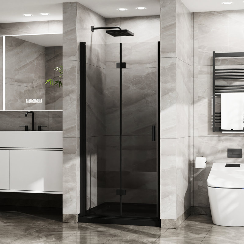 Shower Door - 34"X 72" Tempered Glass Black 180 Rotatable Pivot Zinc Alloy Hinges Water 90 Opening Foldable For Small Spaces Waterproof & Handle