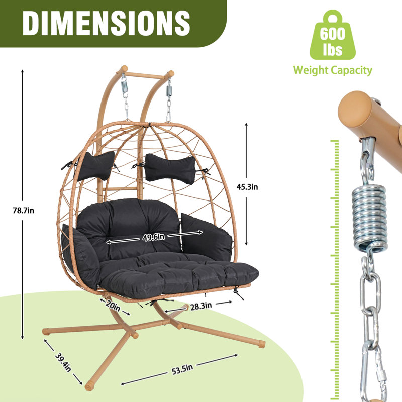 Spacieux hamac suspendu, chaise de patio moderne en métal pe rotin