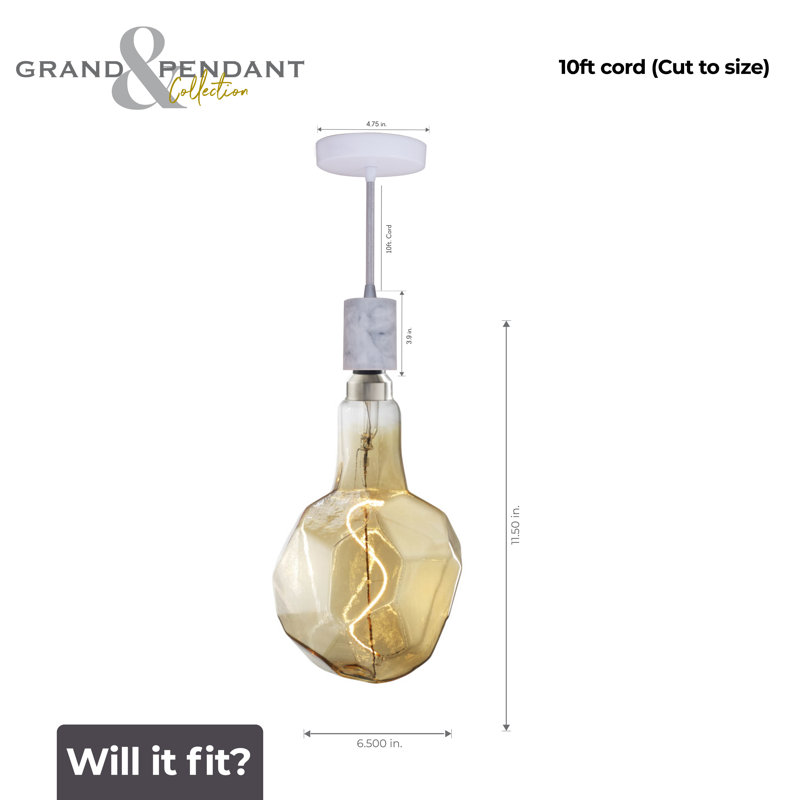 LED Arkin 4 Watt Antique Glass 12" Jewel Shaped Bulb and Pendant Kit, White Marble