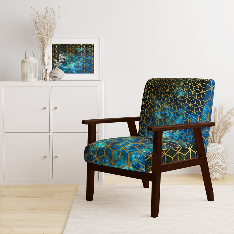 Fedna - Yellow Cubes Over Blue Cosmic Background - Upholstered Modern Accent Arm Chair, Brown