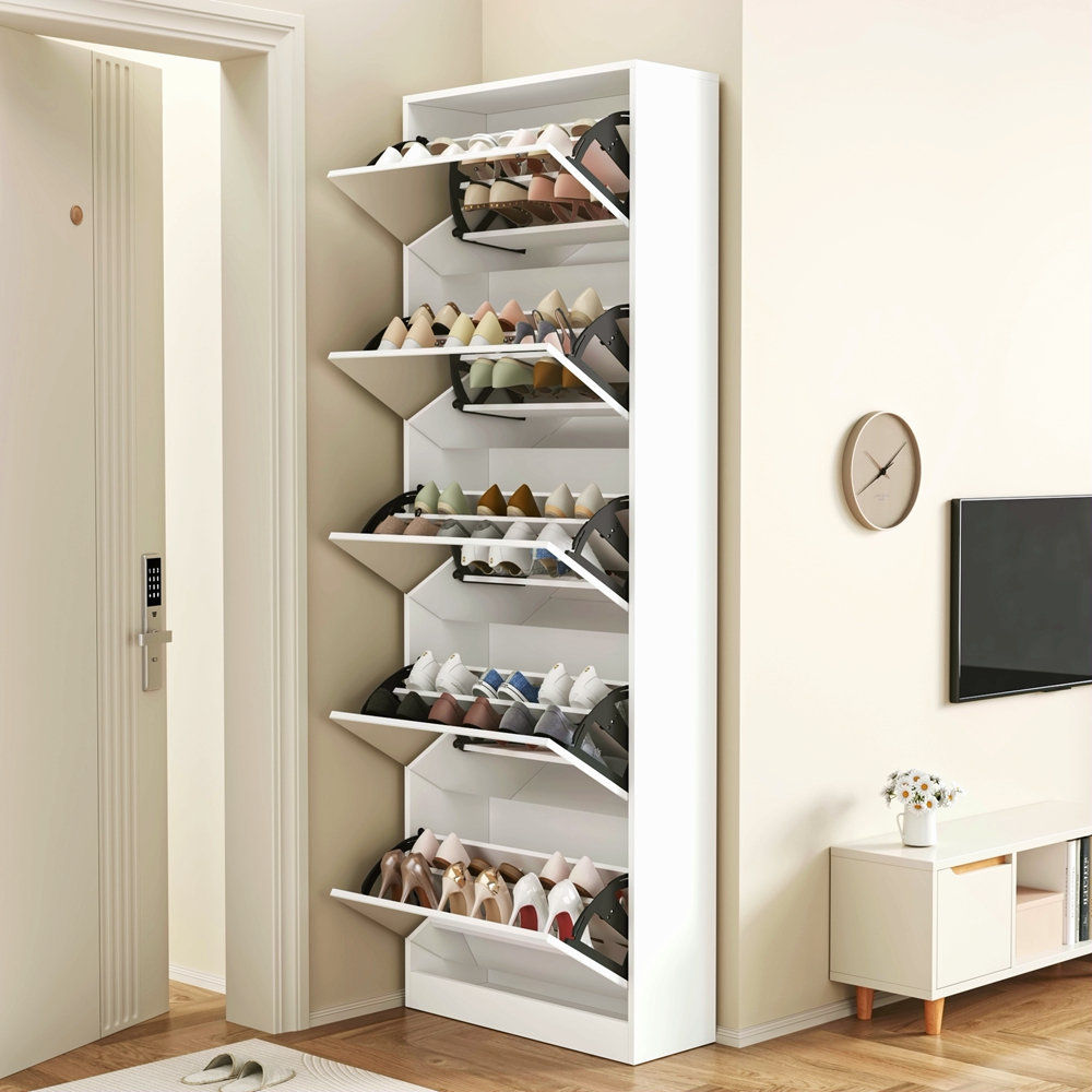 Latitude Run Mirrored Shoe Rack Cabinet With 5 Flip Drawers, Double ...