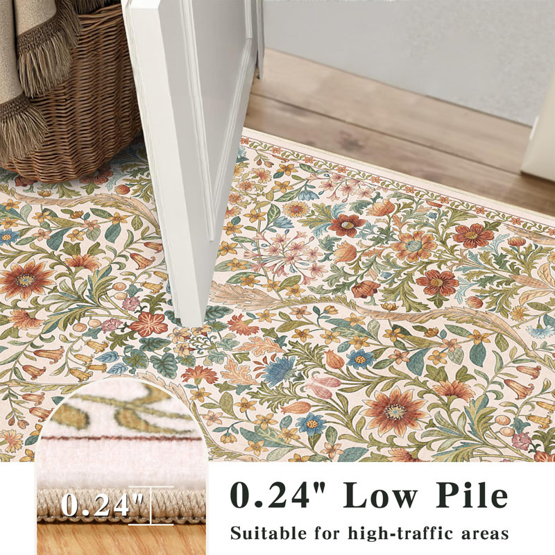 Washable Area Rug - Vintage Boho Botanical Low-Pile Rug, Rectangle 5' x 7', Black/Brown