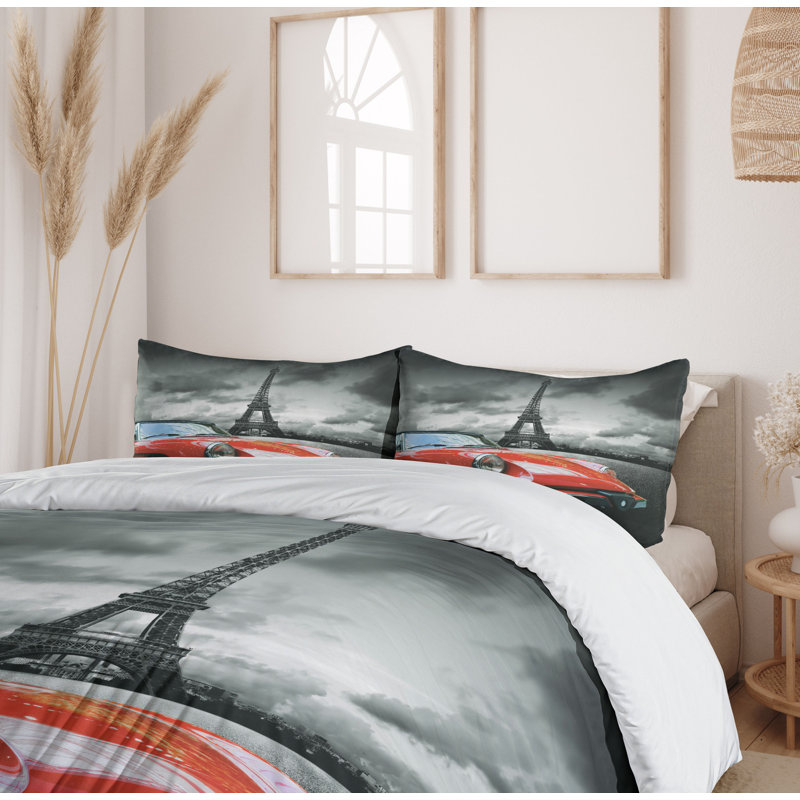Twin Charcoal Grey White Paris Eiffel Tower Duvet Cover Set