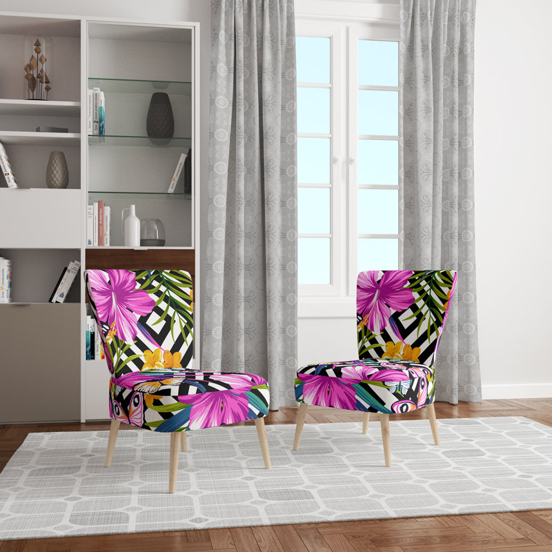 Upholstered Floral Side Chair - Modern floral Accent Chair, Floral Tropical Pink Polyester Blend