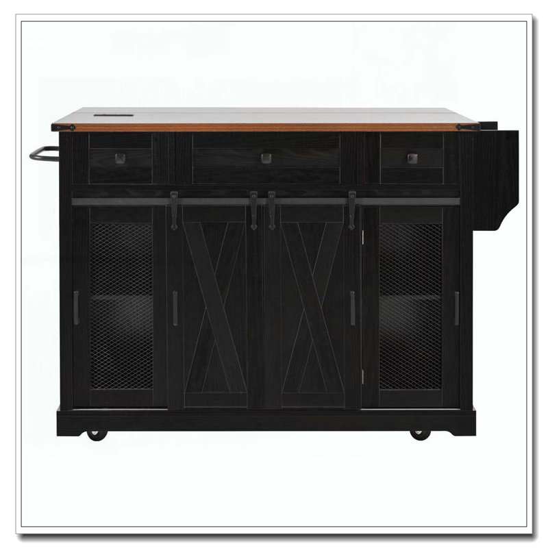 58" Farmhouse Kitchen Island with Storage, Sliding Barn Door & Metal Grid Side Door, Rolling Kitchen Island on 5 Wheels with Spice Rack