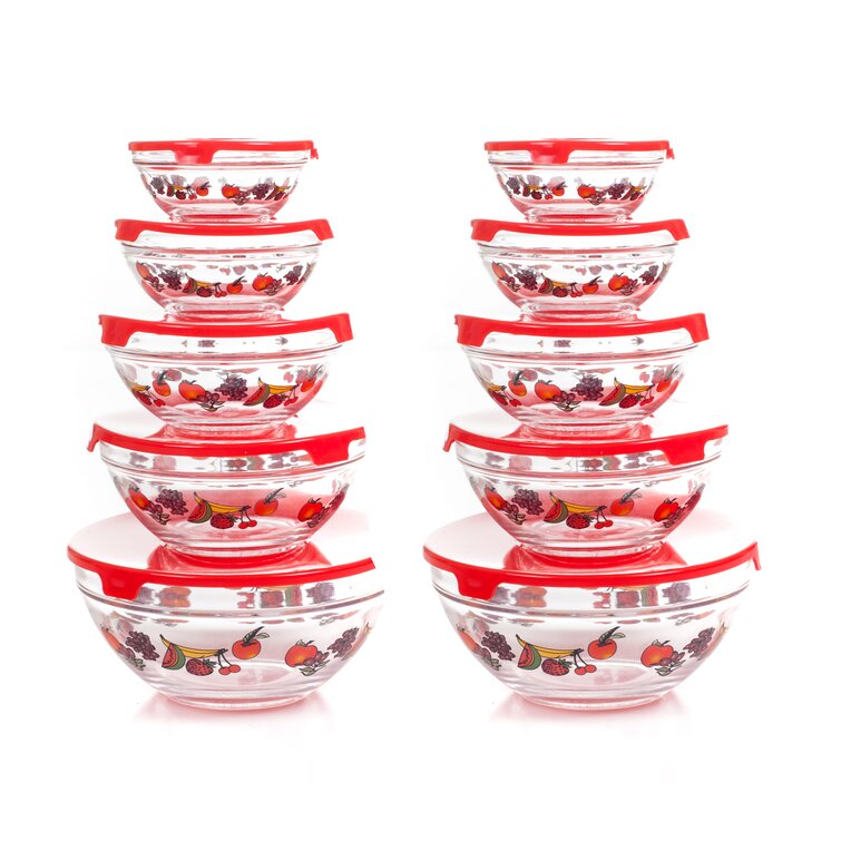 20-Piece Strawberry Design Glass Bowls with Lids Set- Mixing Bowls Set