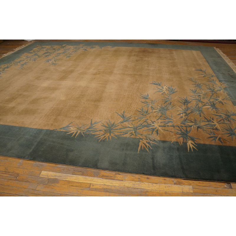 Antique Art Deco Chinese Floral Green, Ivory Beige Cream White 1920s Rug