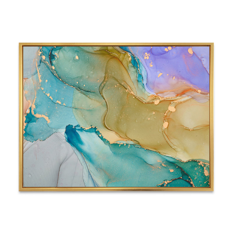 «Green and Blue Tender Liquid Art III», reproduction sur toile, H 12 po x l 20 po, Cadre flottant doré