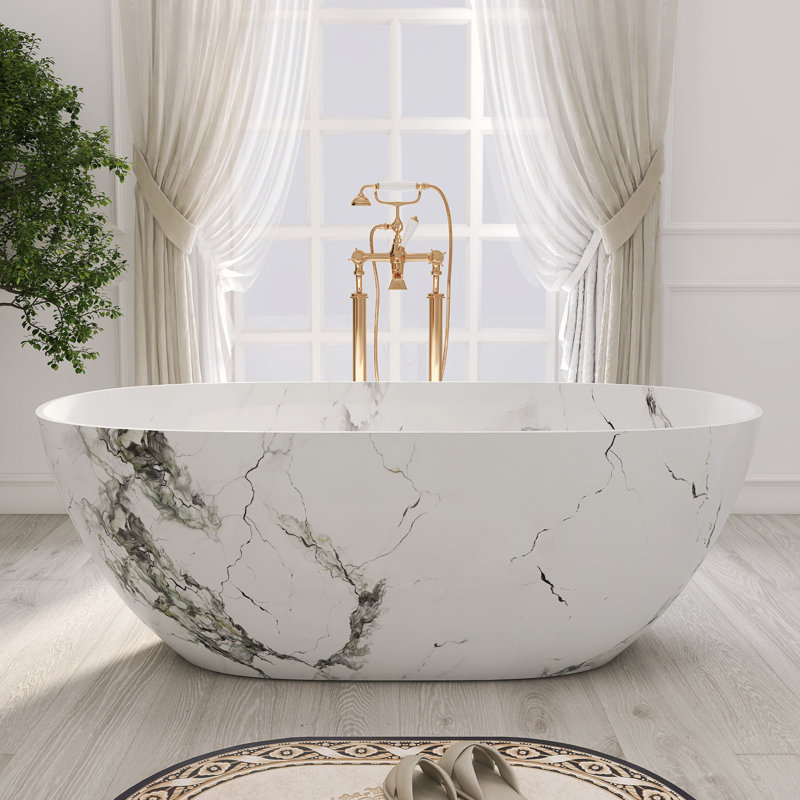 63" Freestanding Bathtub Solid Surface Freestanding Soaking Tub, White