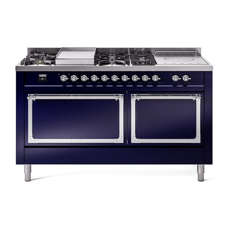 ILVE Nostalgie II Noblesse 60 in Dual Fuel Range 7 Burner, Griddle, Frenchtop, Liquid Propane, Midnight Blue/Chrome