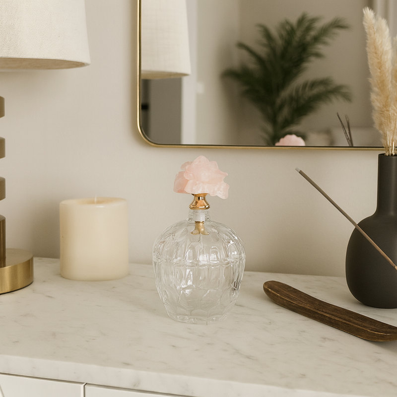 Decorative Crystal Topped Glass Jar With Lid for Home Decor - Elegant Tall Table Jar Ideal Storage Container for Vanity & Bedroom - Pink & Clear
